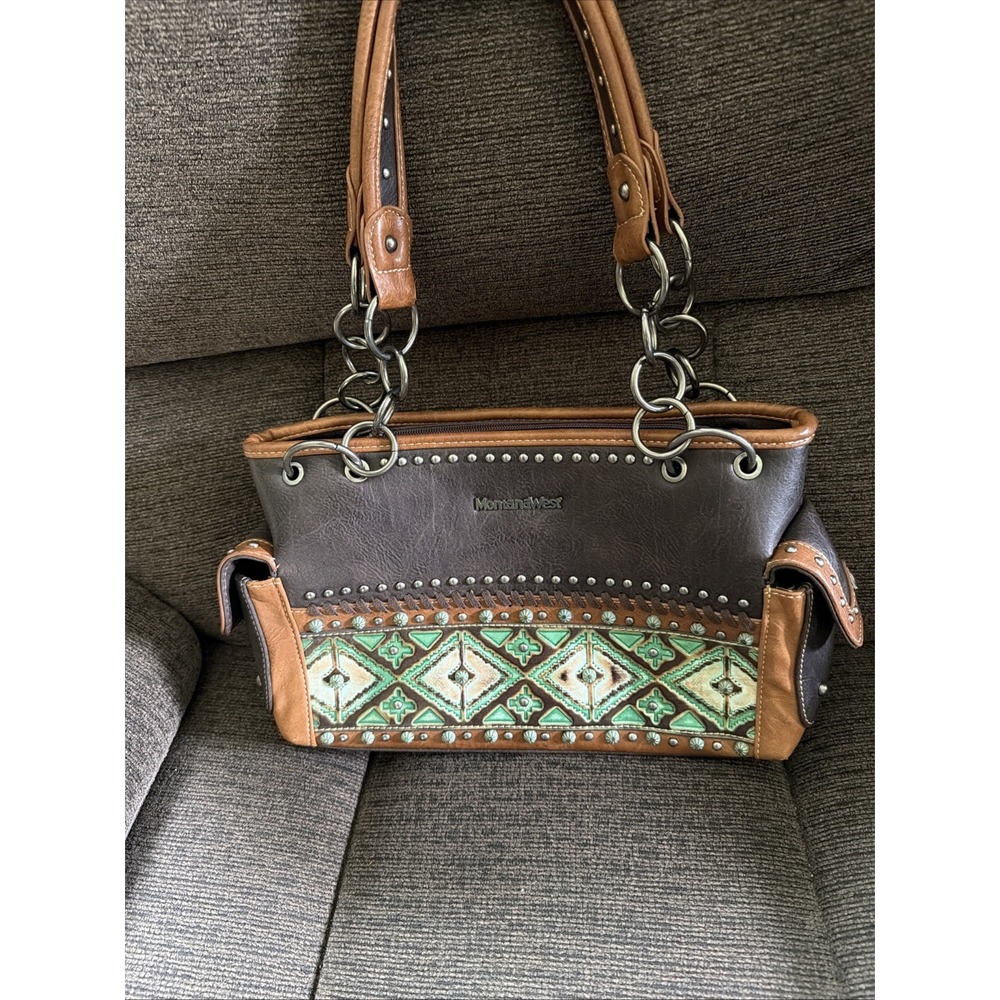Montana West Teal & Brown Studded Western Style Concealed Carry Concho Purse